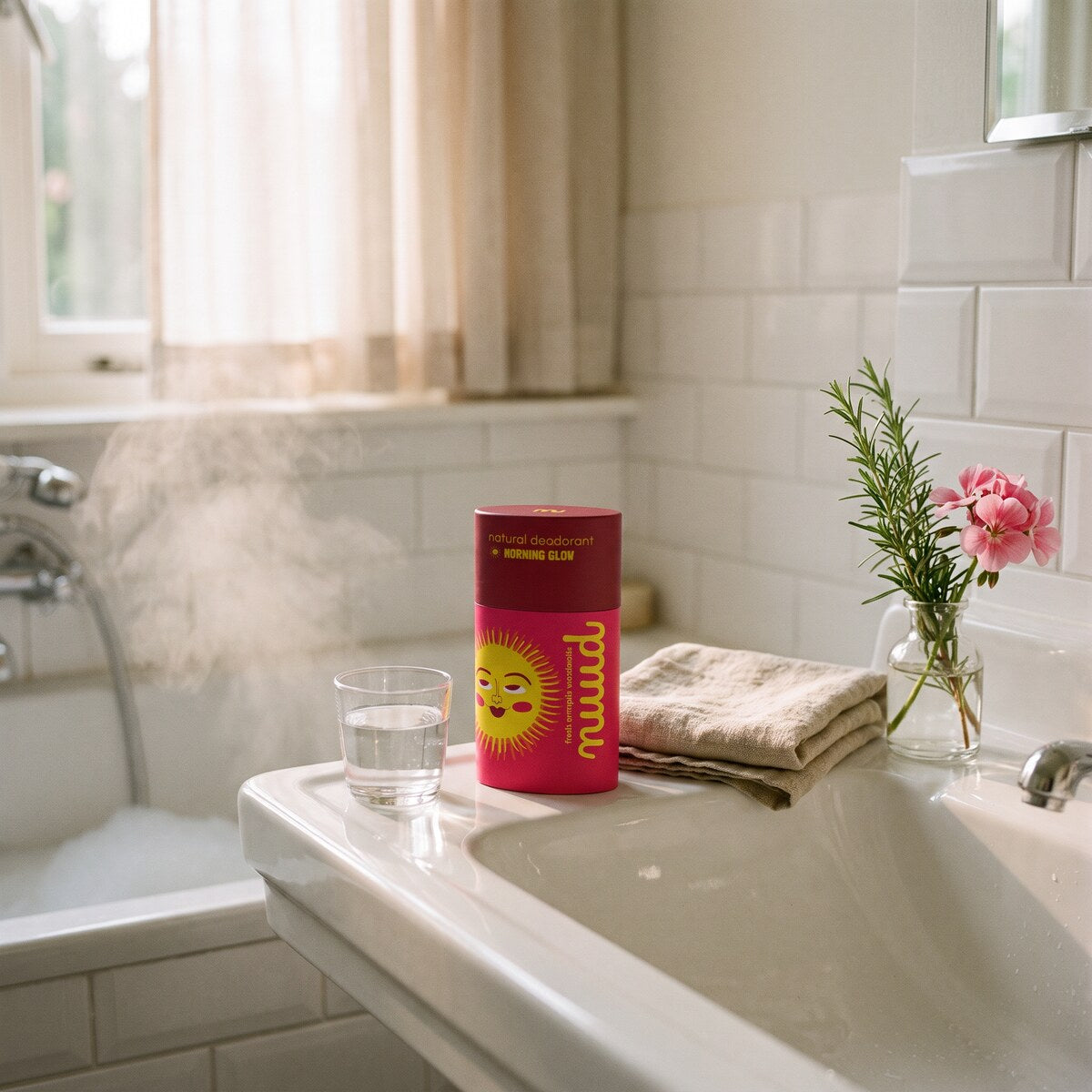 MORNING GLOW on a sunny bathroom sink