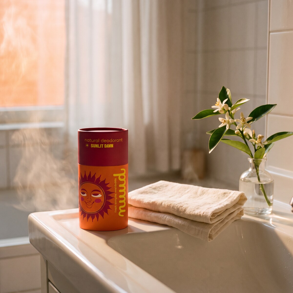 SUNLIT DAWN on a sunny bathroom sink